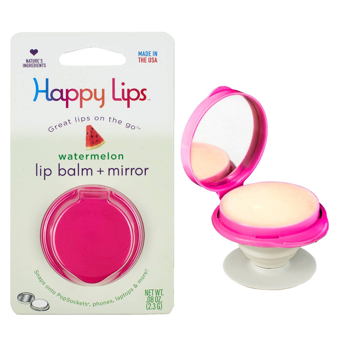 Happy Lips –Lip Balm w/Mirror, Attach Anywhere! Watermelon